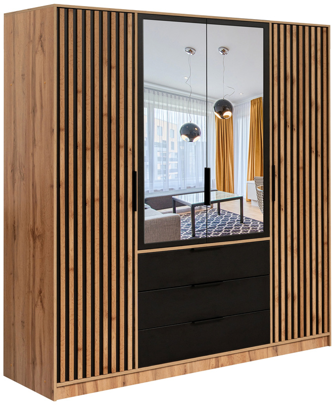 Czterodrzwiowa szafa uchylna z lustrem i lamelami 200 cm BILL