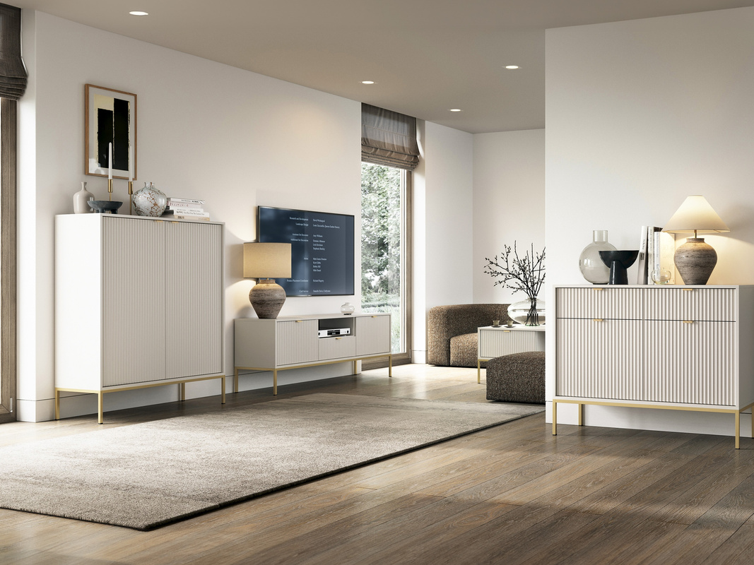 Zestaw nowoczesnych mebli do salonu z komodą AVANTI kaszmir