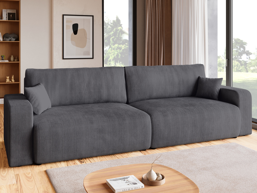 Rozkładana szara kanapa do salonu z funkcją spania i pojemnikiem PUMI