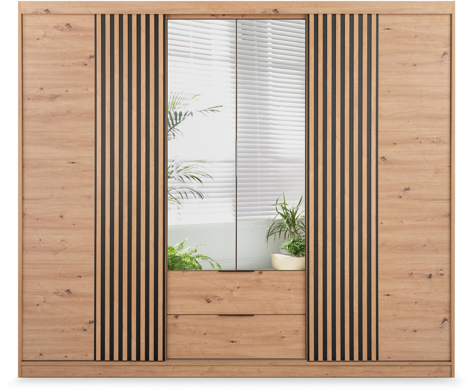 Szafa przesuwna z lamelami 250 cm szufladami lustrami dąb artisan MISTRAL