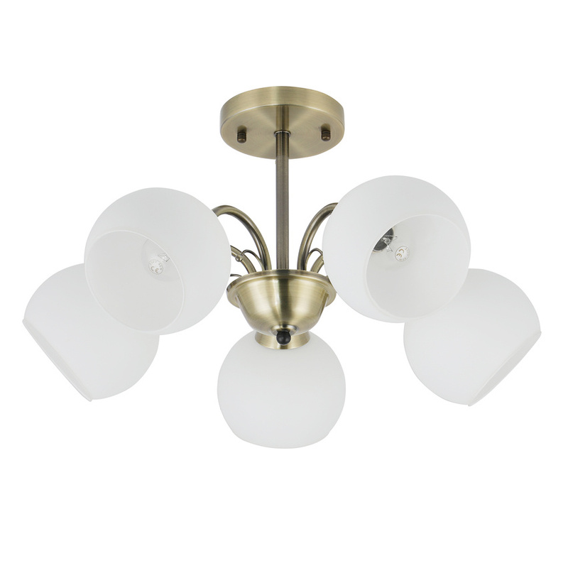 Patynowa lampa wisząca z białymi kloszami do salonu NESTOR 5-punktowa