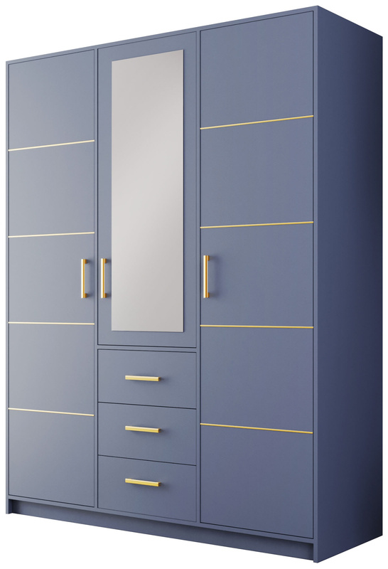 Nowoczesna niebieska szafa trzydrzwiowa z półkami i drążkiem 147 cm BILL