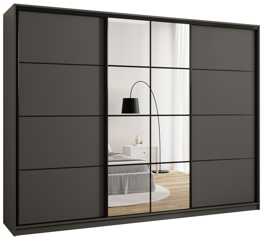 Grafitowa szafa przesuwna z lustrem i drążkami 280 cm EDGE