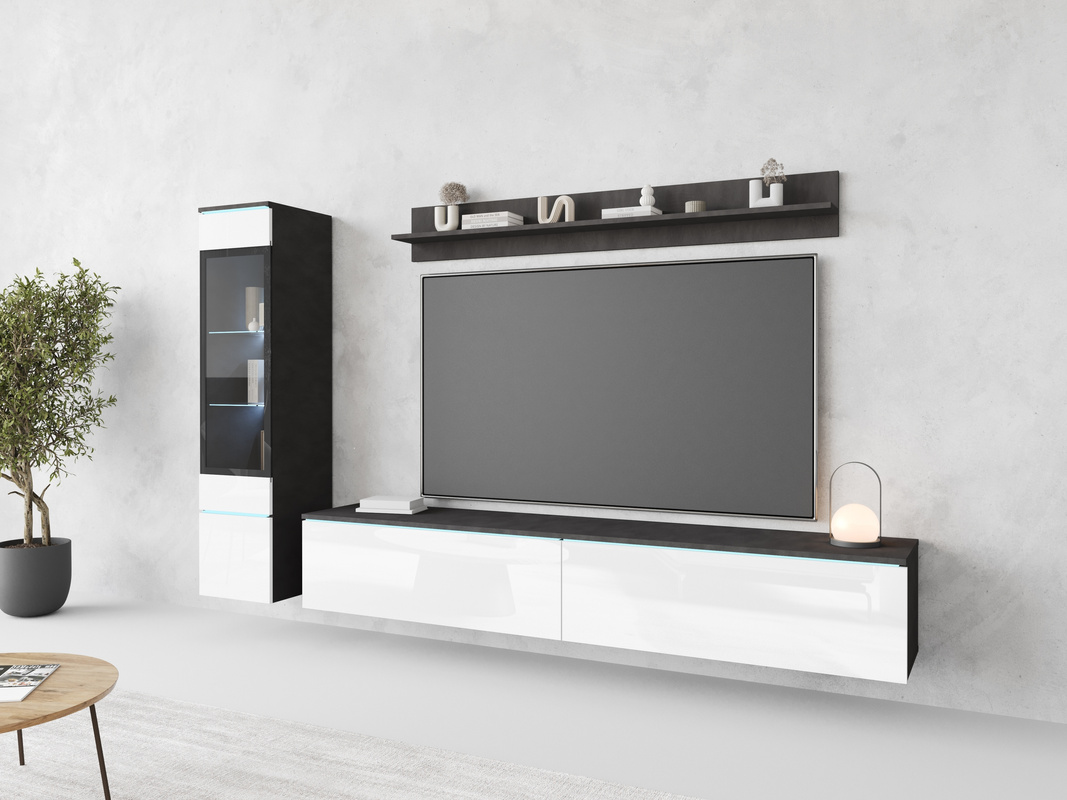 Wisząca meblościanka RTV do salonu biały połysk modułowa VELLORE