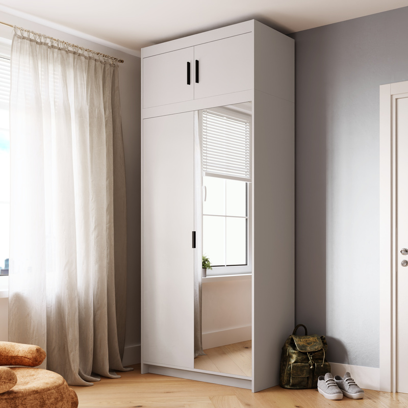 Dwudrzwiowa biała szafa modułowa z lustrem 90 cm i nadstawką KUBA