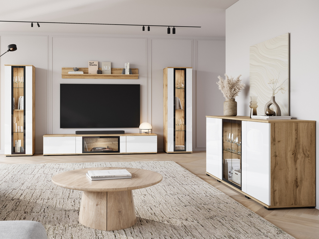 Zestaw mebli do salonu CAVIO dąb wotan biały połysk