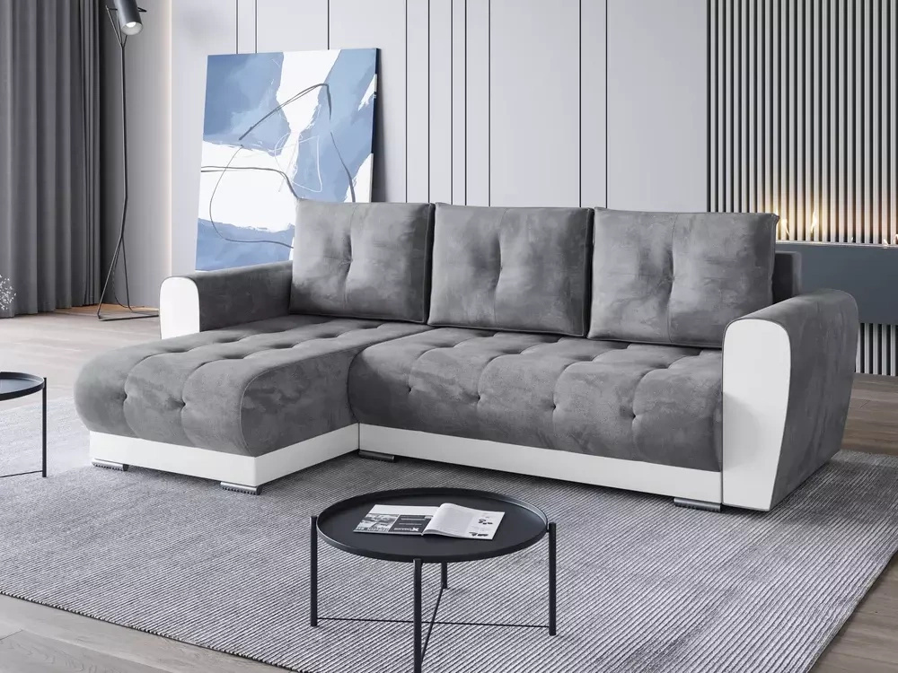 Szara rozkładana kanapa rogowa z funkcją spania DOMI