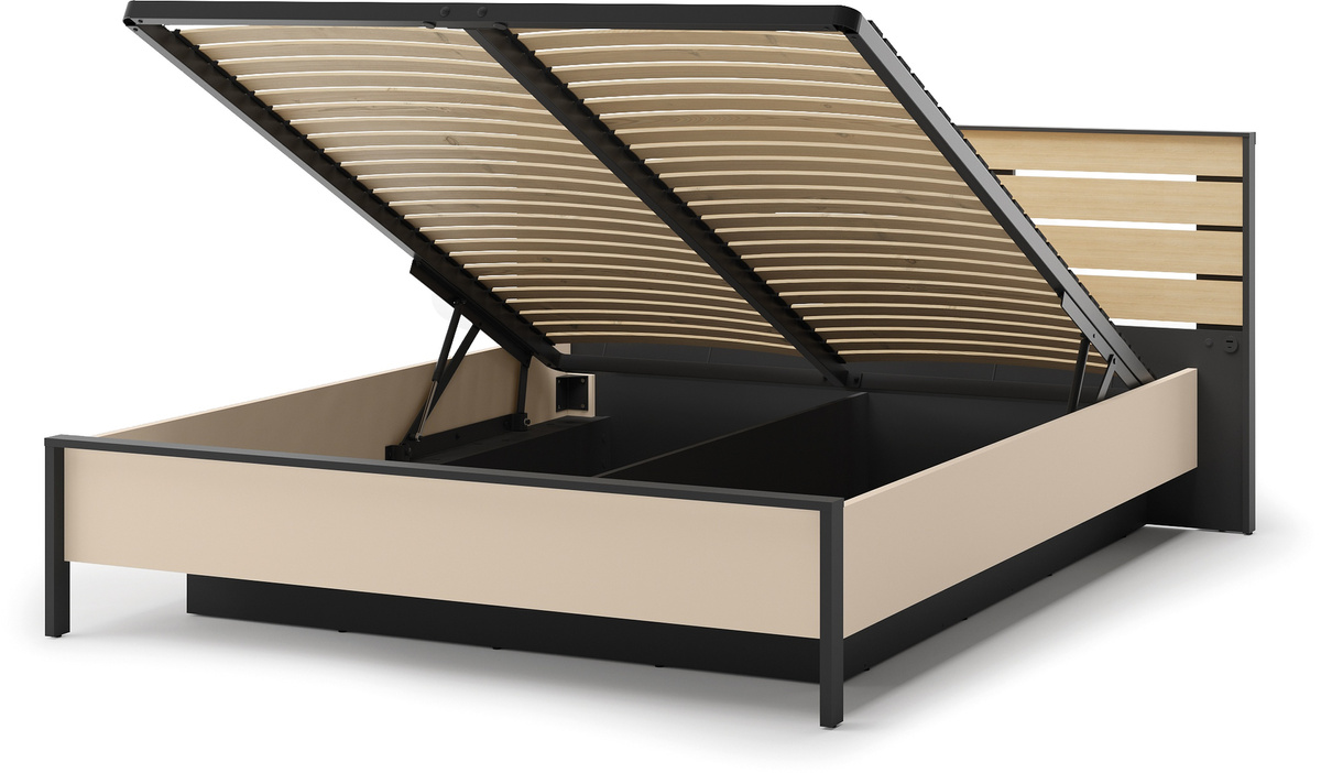Łóżko 180x200 do sypialni z pojemnikiem beżowe z oświetleniem ENNA