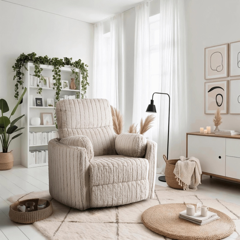 Beżowy fotel wypoczynkowy rozkładany z podnóżkiem do salonu RAUL sztruks