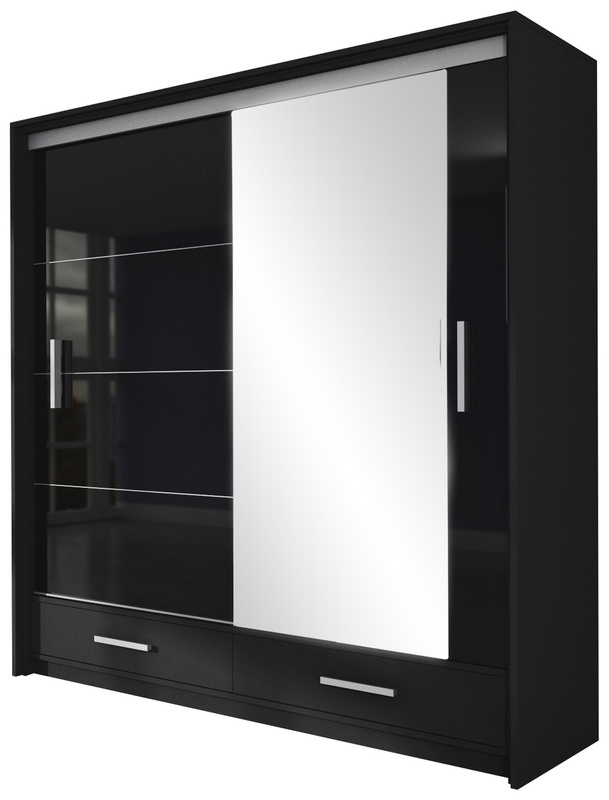 Czarna szafa przesuwna 208 cm z lustrem i półkami MESTRE