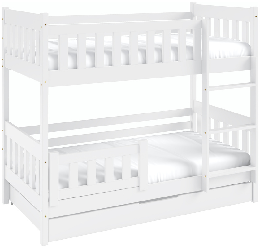 Białe łóżko piętrowe z drewna sosnowego do pokoju dziecięcego z pojemnikiem 80x190 cm LUMISLE
