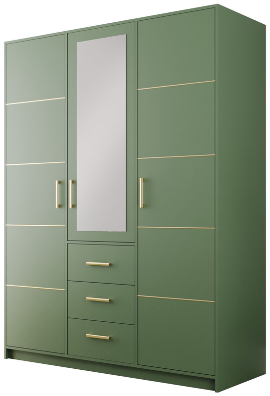 Nowoczesna zielona szafa trzydrzwiowa z półkami i drążkiem 147 cm BILL