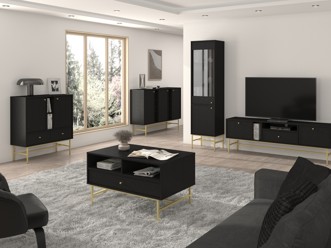 Duży komplet czarnych mebli do salonu RTV TOKEN