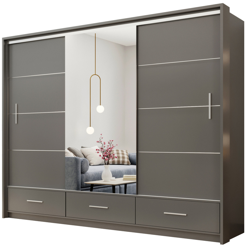 Grafitowa szafa przesuwna 250 cm z lustrem i półkami MESTRE