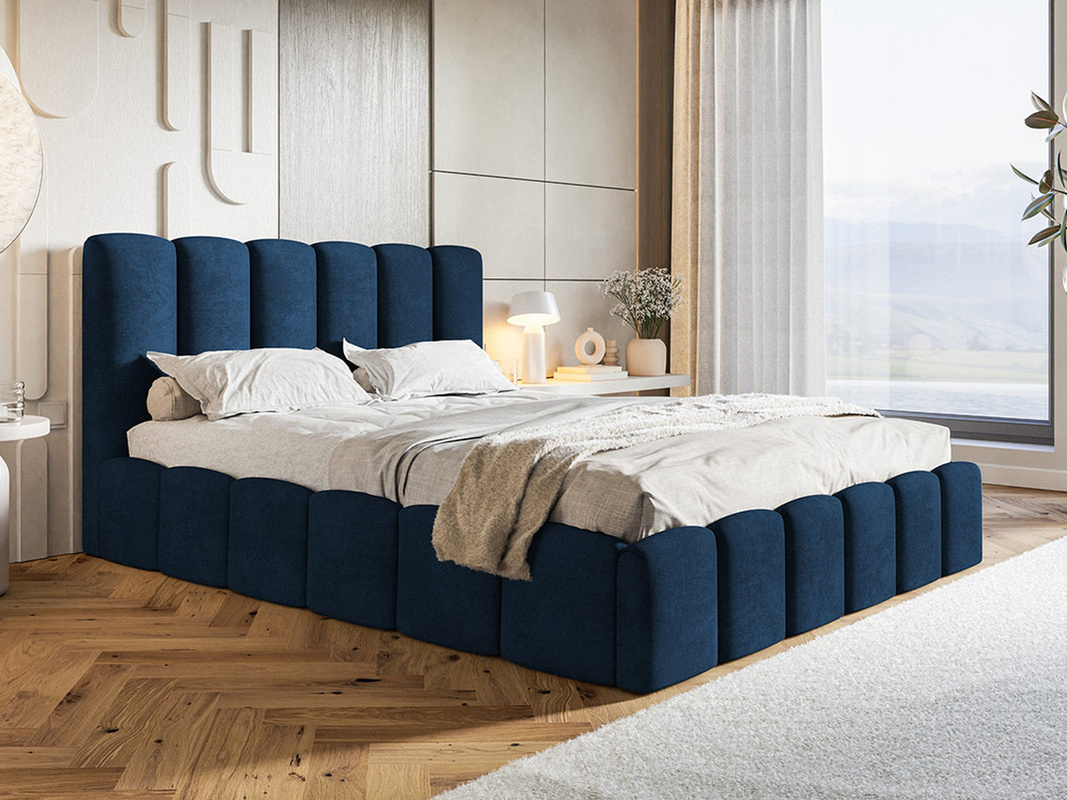 Granatowe jednoosobowe łóżko 120x200 cm tapicerowane z pojemnikiem SALERNO