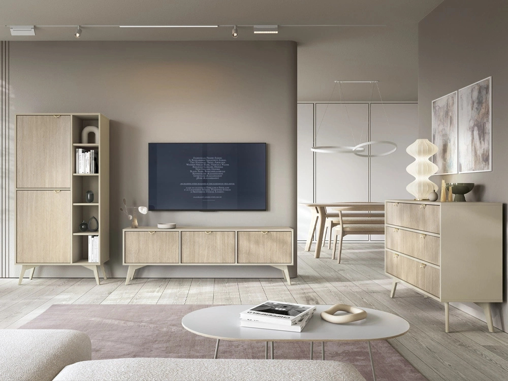 Zestaw mebli w stylu boho do salonu FLOW jodełka scandi/beż piaskowy