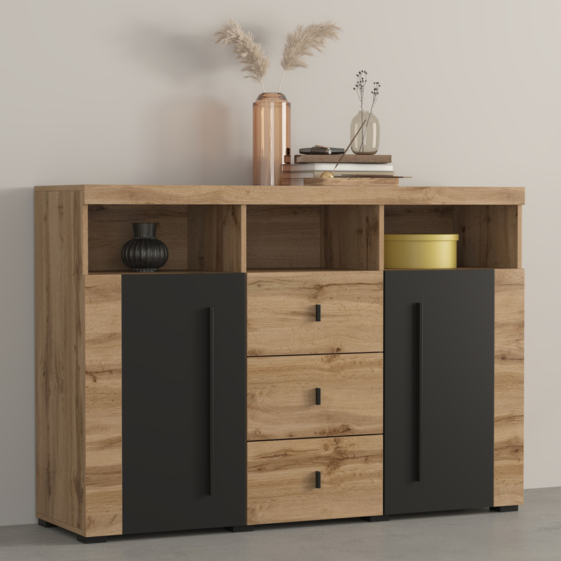 Dwudrzwiowa komoda z szufladami 132 cm nowoczesna do salonu ROGER