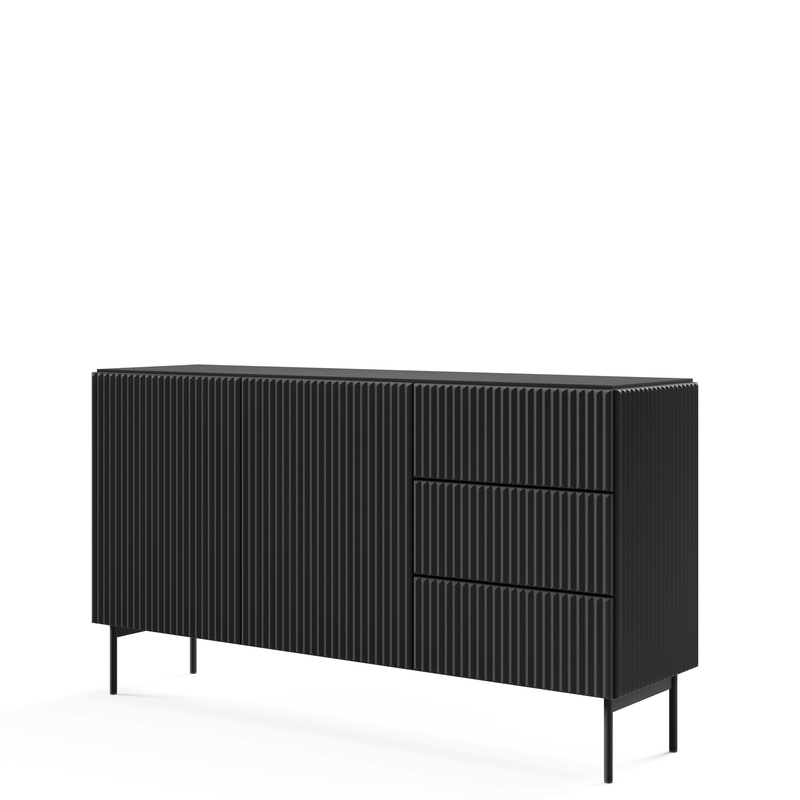 Czarna komoda 150 cm do salonu ryflowane fronty dwudrzwiowa MEZZO