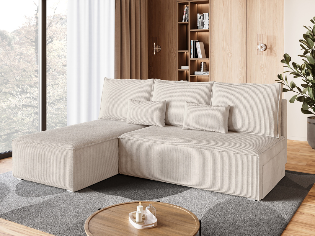 Sztruksowy rozkładany narożnik z funkcją spania mały TOP SLIM beżowy