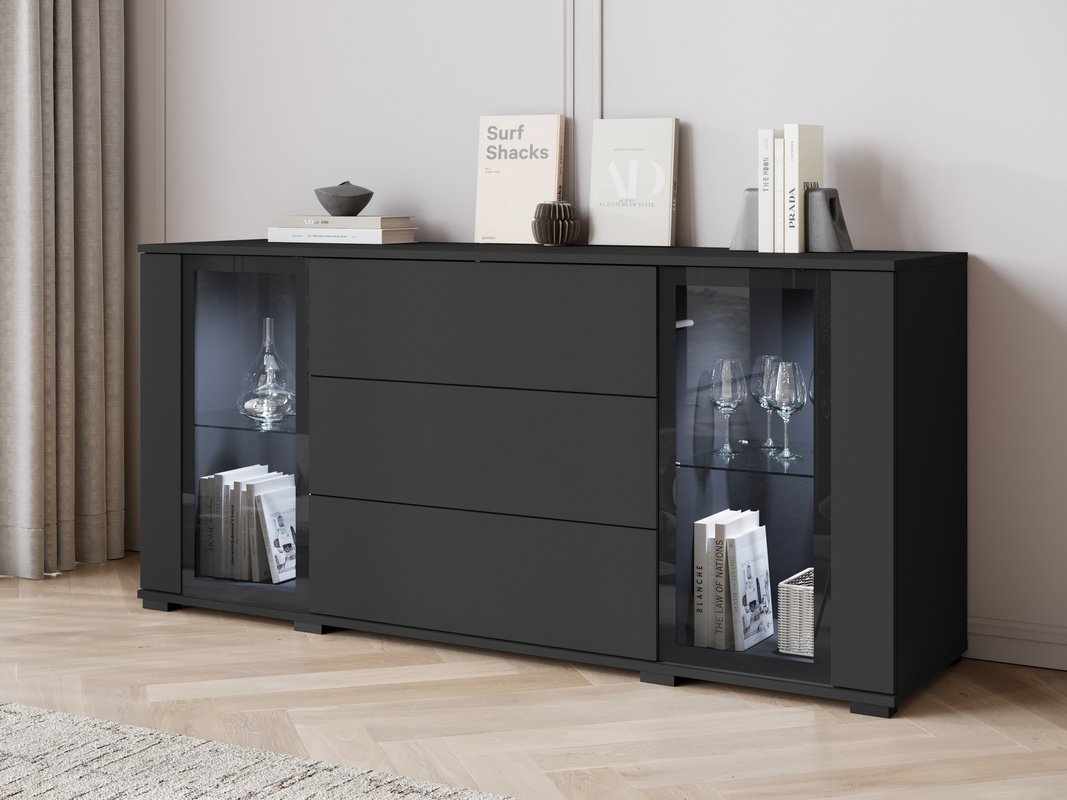 Komoda 150 cm czarna z szufladami i witryną do salonu CAVIO