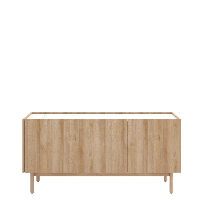 Szeroka komoda do salonu z półkami BURGOS dąb riviera/marmur bianco