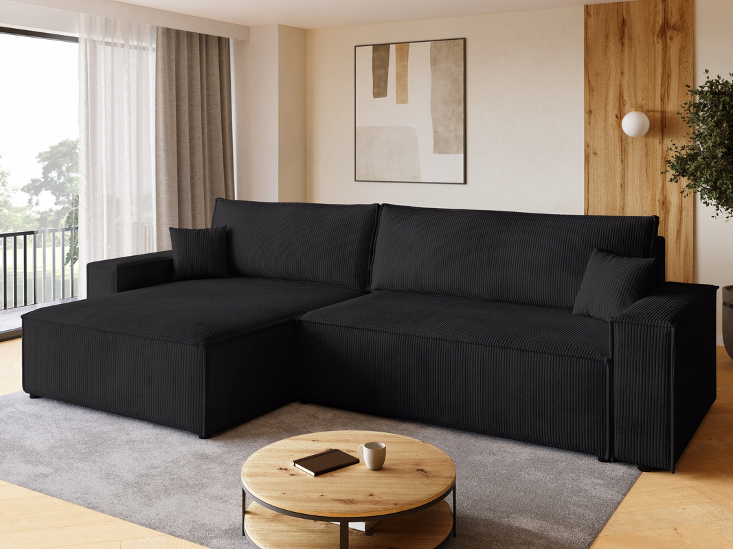 Czarna rozkładana kanapa narożna z pojemnikiem ADI XL