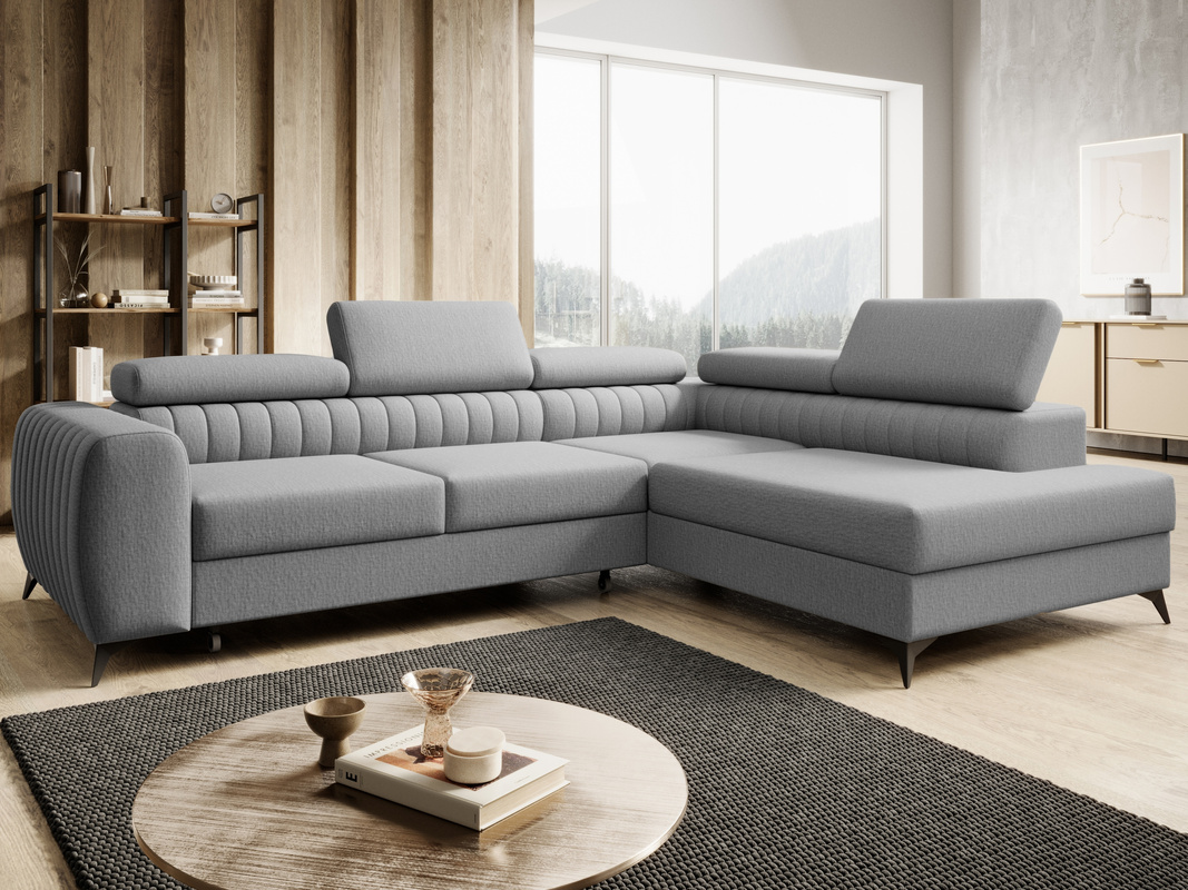 Szara wolnostojąca kanapa rogowa z funkcją spania PAULLETTO regulowane zagłówki