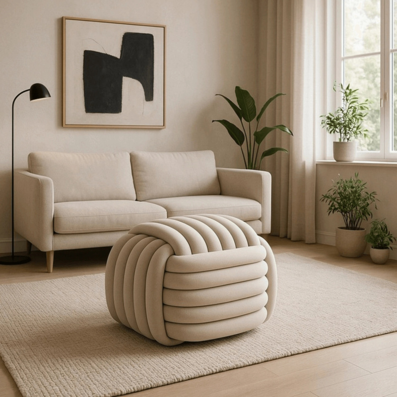 Kremowa pufa pleciona do salonu MAGMA 50 cm