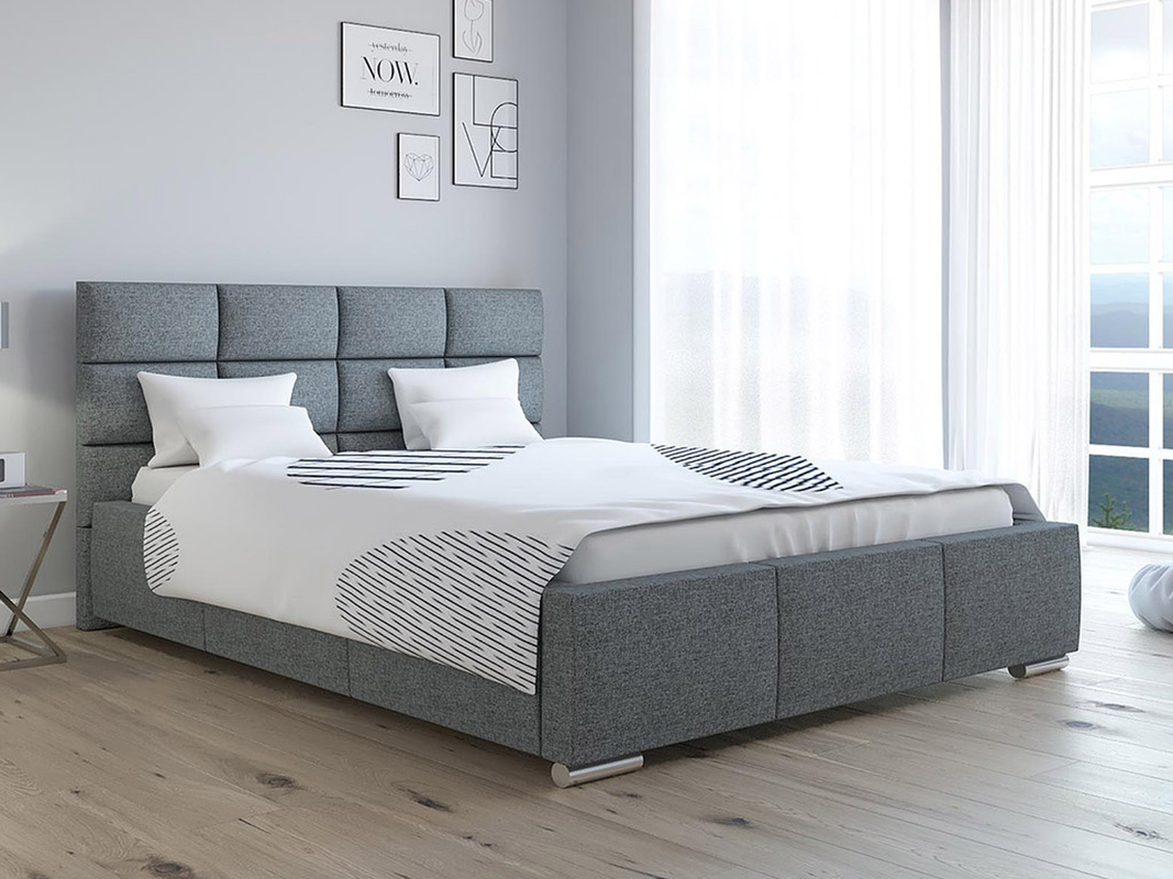 Szare dwuosobowe łóżko tapicerowane ze stelażem 140x200 cm PLADA