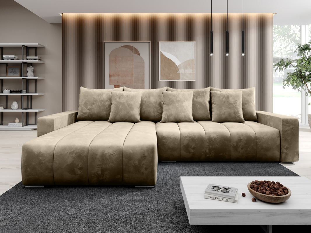 Brązowa kanapa narożna z funkcją spania do salonu PANAMA