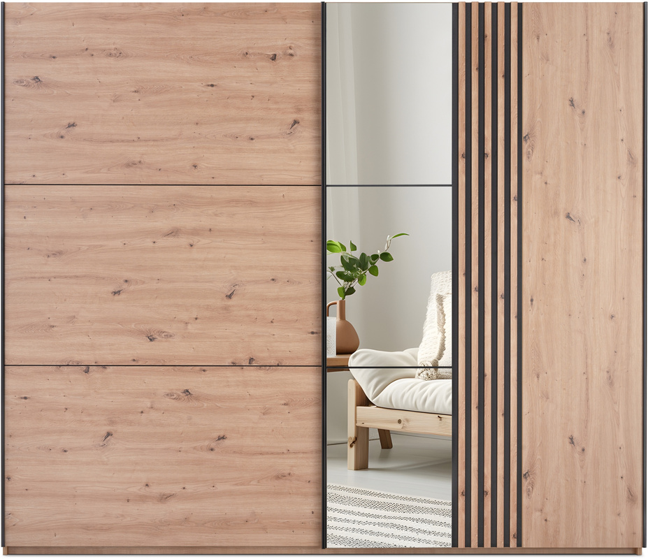Szafa przesuwna do sypialni z lamelami 203 cm z lustrami dąb artisan SAVINA