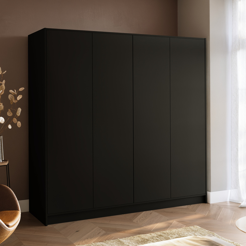 Czarna szafa do salonu 200 cm z półkami i drążkiem GARIO czterodrzwiowa