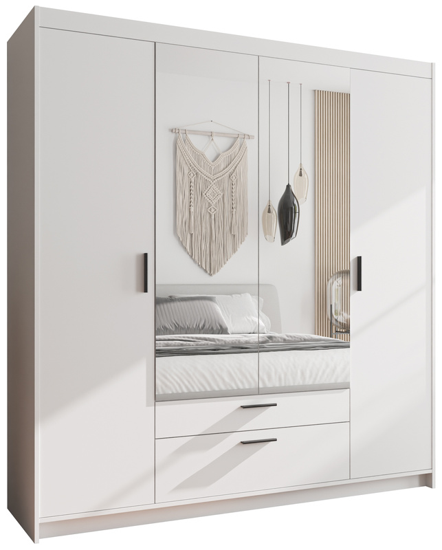 Czterodrzwiowa biała szafa modułowa 176 cm z lustrem i szufladami KUBA