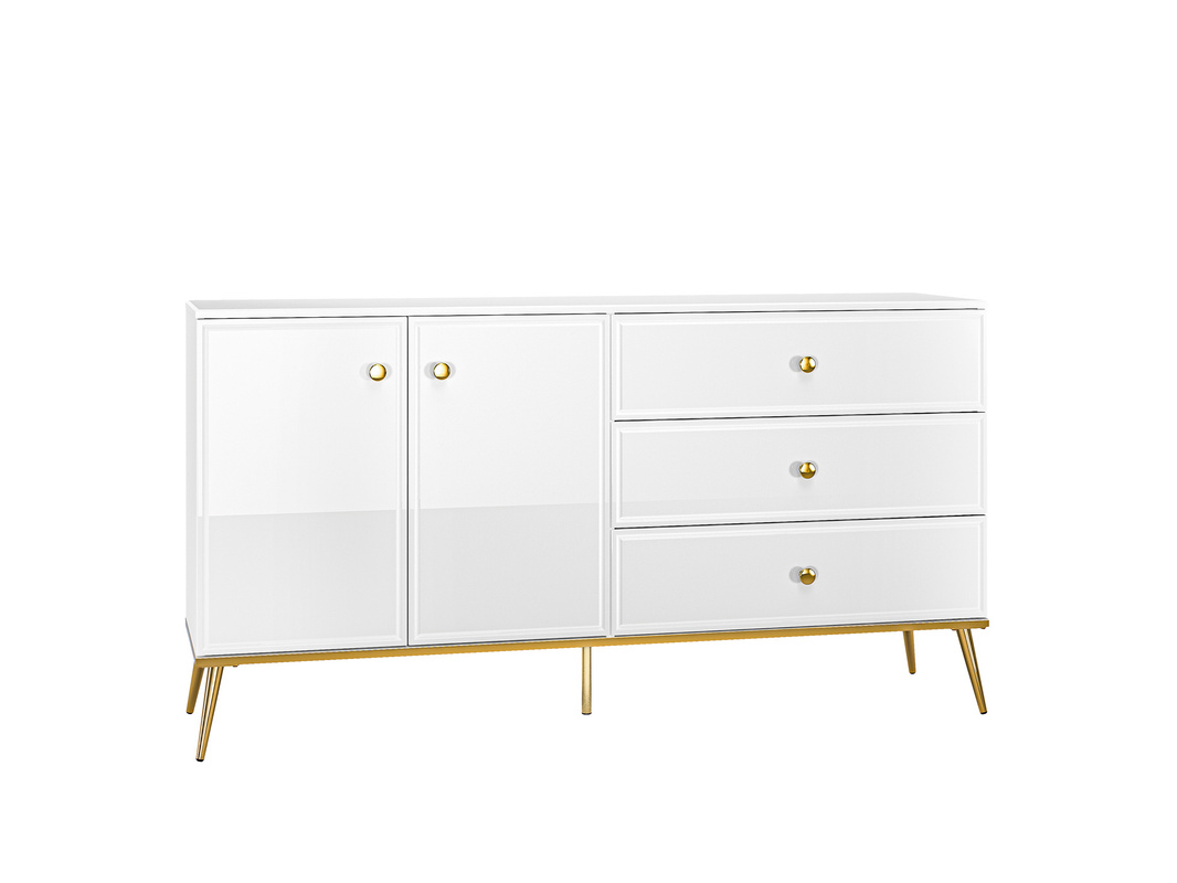 Dwudrzwiowa komoda do salonu z szufladami GOLDIN biały połysk