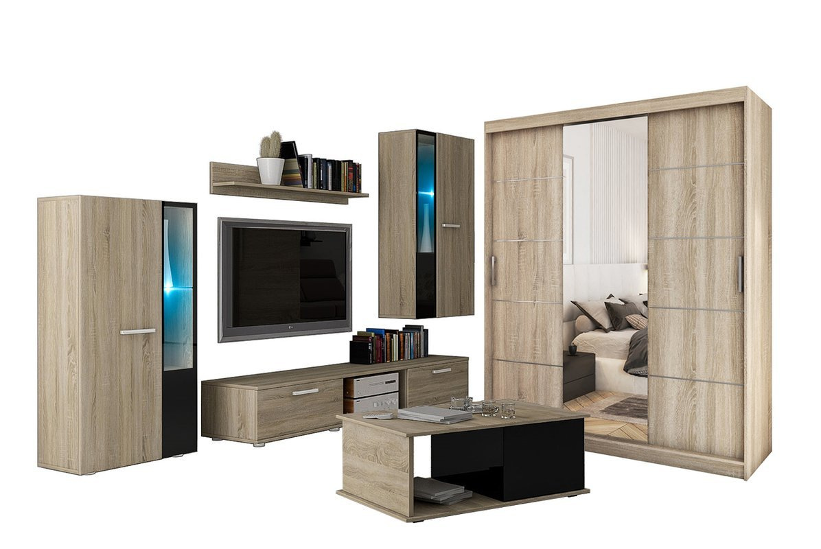 Meblościanka z szafą i ławą dąb sonoma CUBE