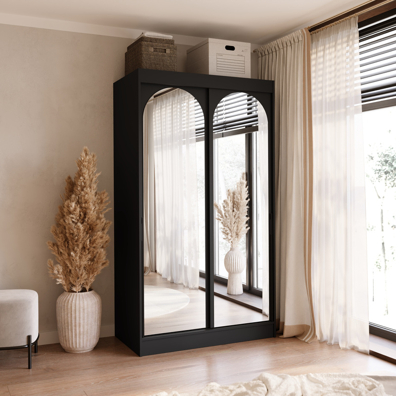 Szafa przesuwna z lustrami 120 cm czarna drzwi przesuwne czarne uchwyty