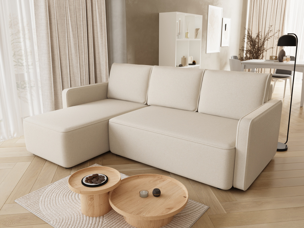 Beżowy welurowy narożnik z funkcją spania do salonu QULIO