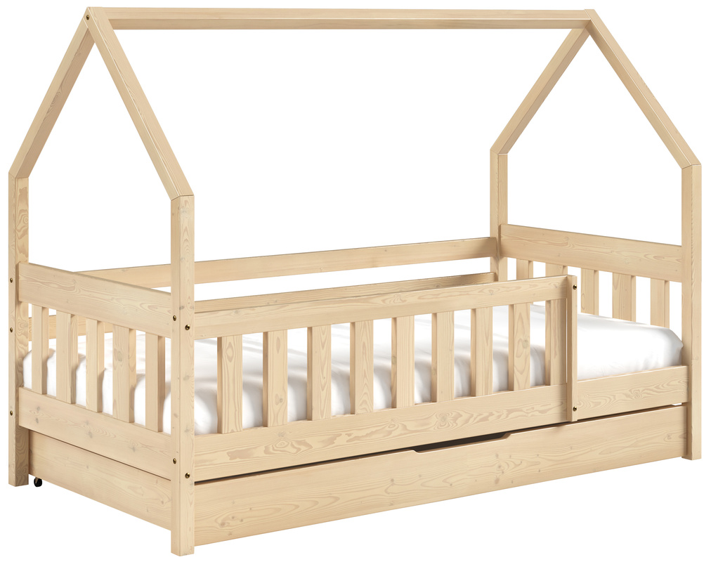 Sosnowe łóżko domek z szufladą oraz barierką 80x160 cm MELANIA