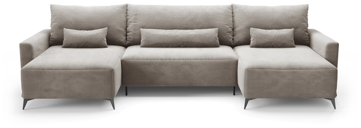 Duży beżowy sztruksowy narożnik rozkładany z funkcją spania w kształcie U LORENZO