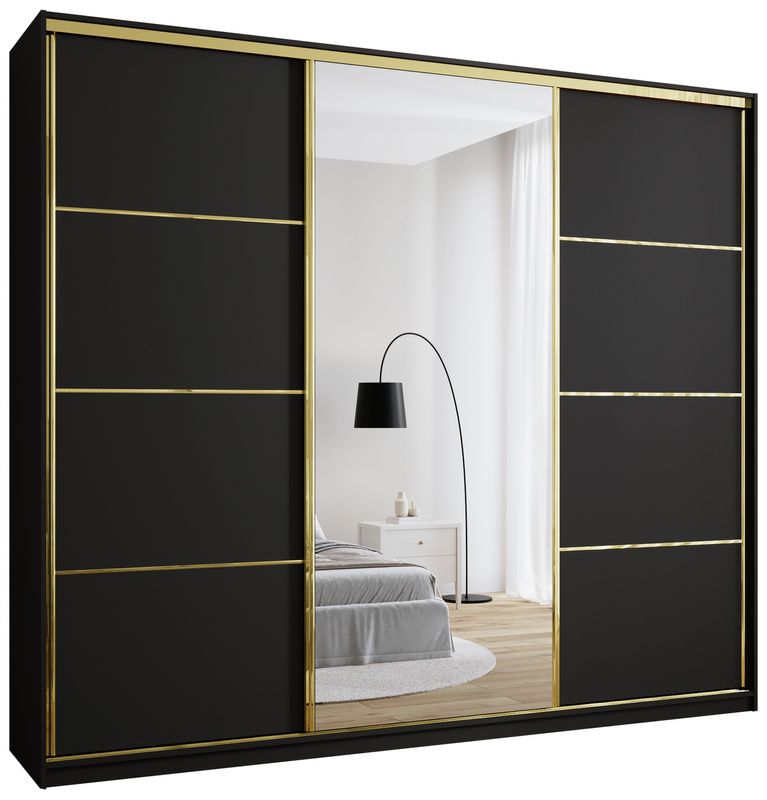 Czarna szafa przesuwna z lustrem 280 cm GOLD NEW MAX
