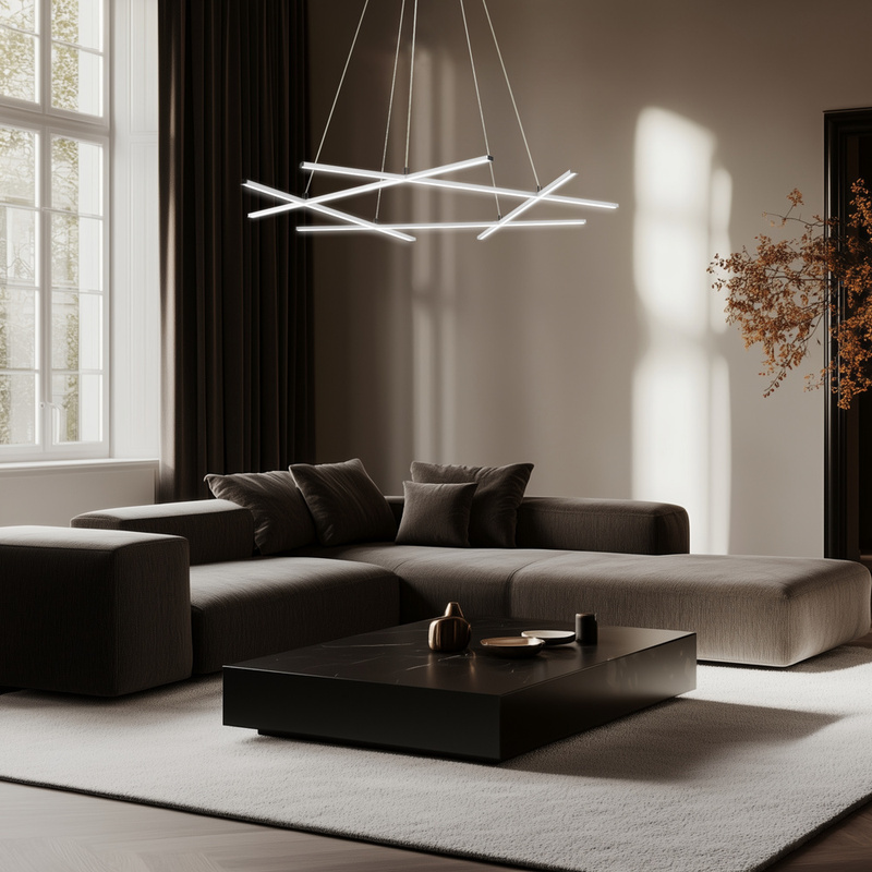 Srebrna lampa wisząca LED 5-punktowa do salonu ANDROS regulowana