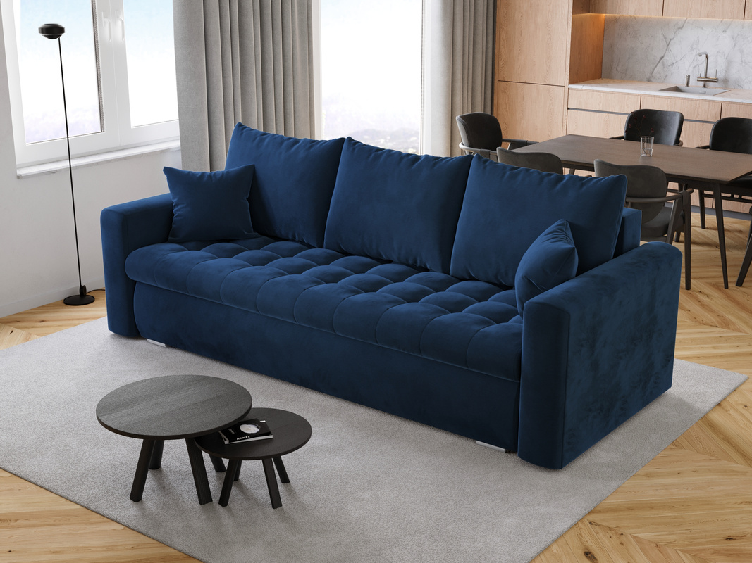 Niebieska kanapa z funkcją spania i pojemnikiem do salonu LUIS