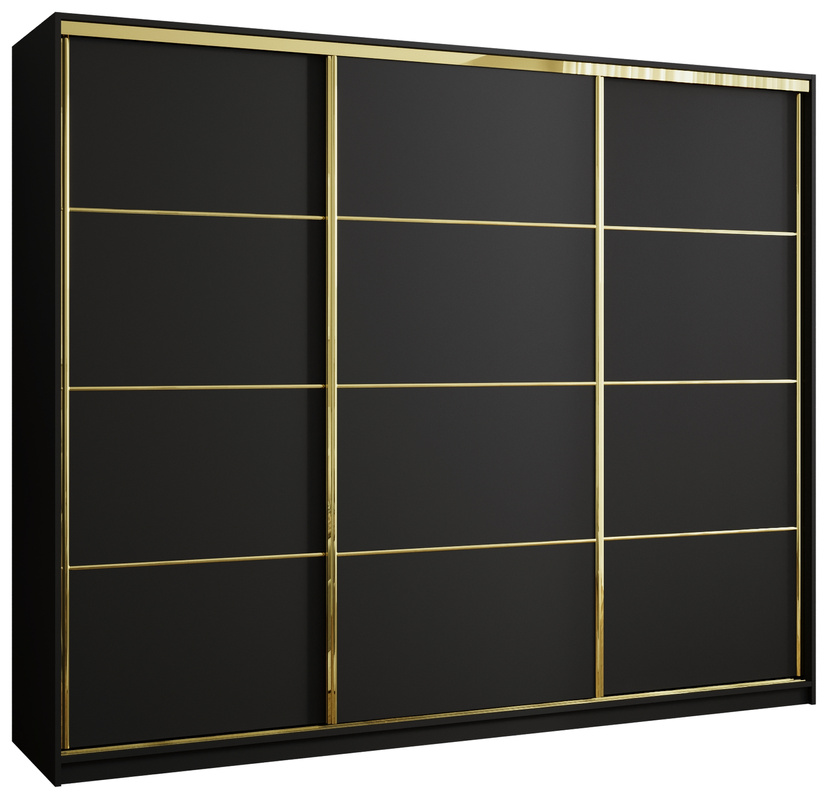 Czarna szafa przesuwna 250 cm z półkami i drążkiem GOLD NEW