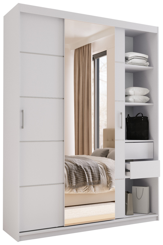 Biała szafa przesuwna z lustrem 150 cm półki drążki HOT