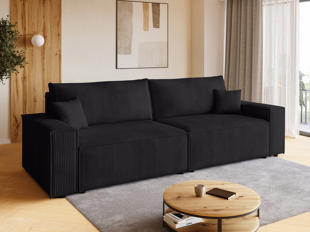 Czarna sztruksowa kanapa z funkcją spania i pojemnikiem na pościel ADI