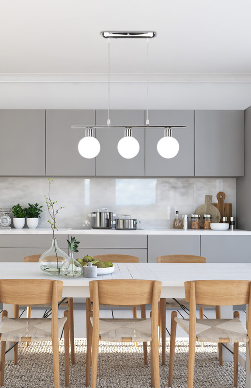 Chromowo-biała lampa wisząca kula 3-płomienna do salonu ODEN metal-szkło