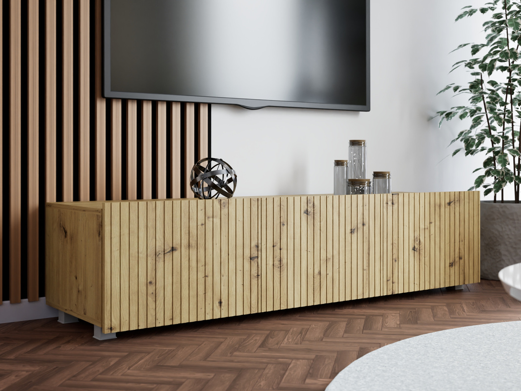 Nowoczesna szafka RTV 150 cm z ryflowanymi frontami długa KORDIS dąb artisan