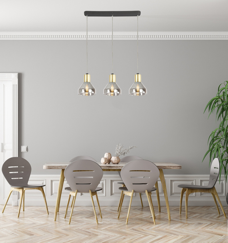 Złota lampa wisząca 3-płomienna do salonu GREGORY szkło-metal