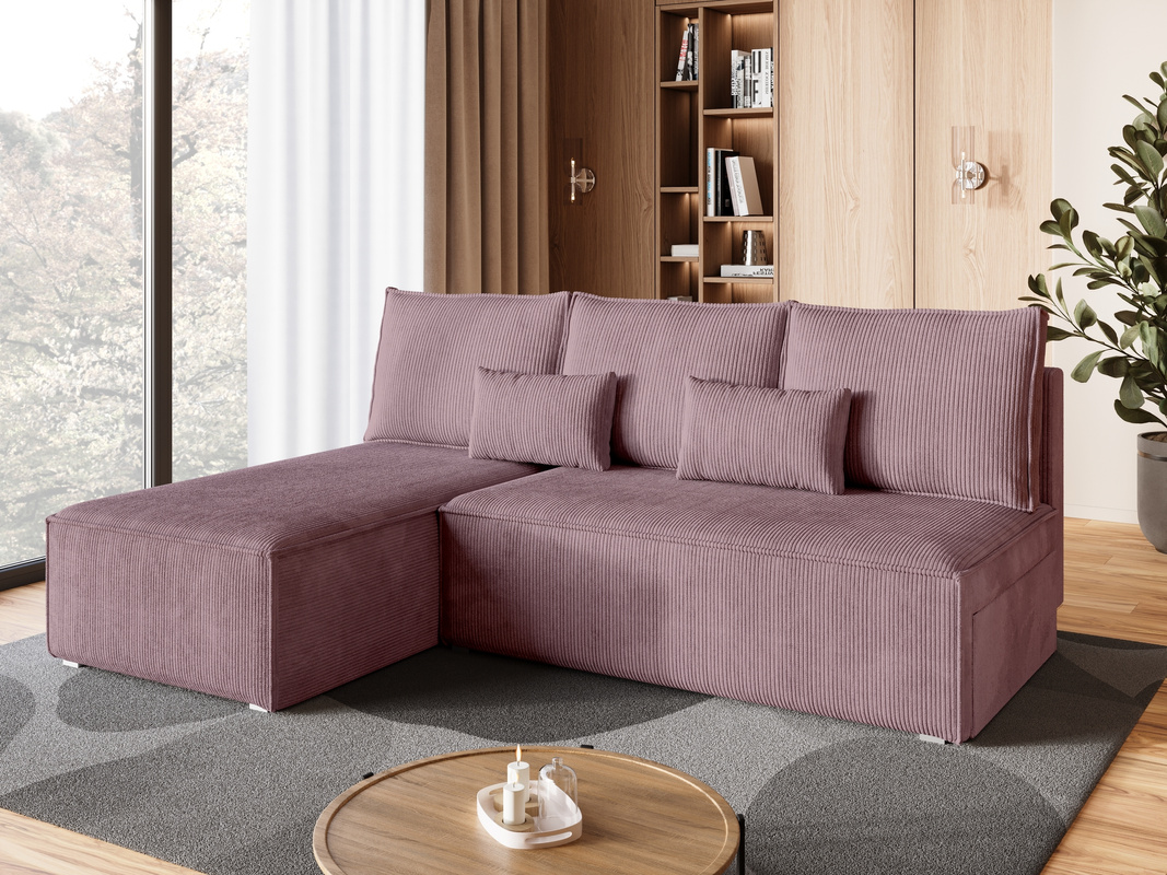 Nowoczesny narożnik do salonu z funkcją spania mały TOP SLIM różowy