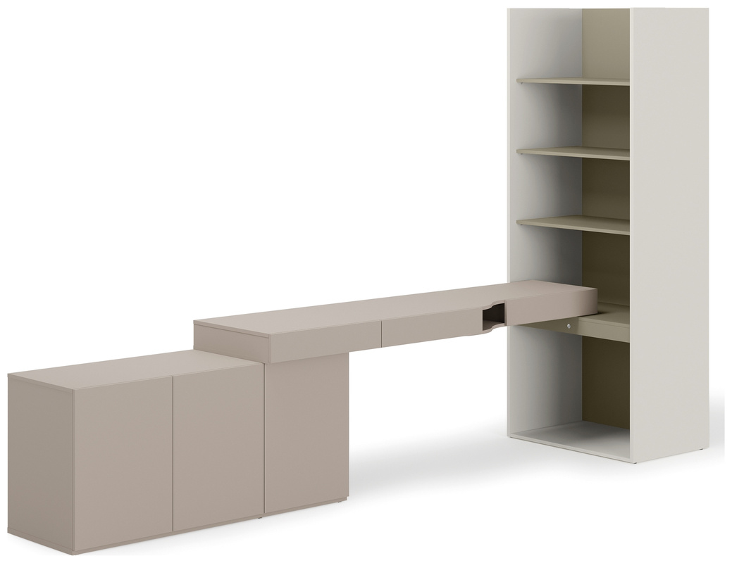 Zestaw mebli młodzieżowych z komodą, biurkiem i regałem WOOW eukaliptus